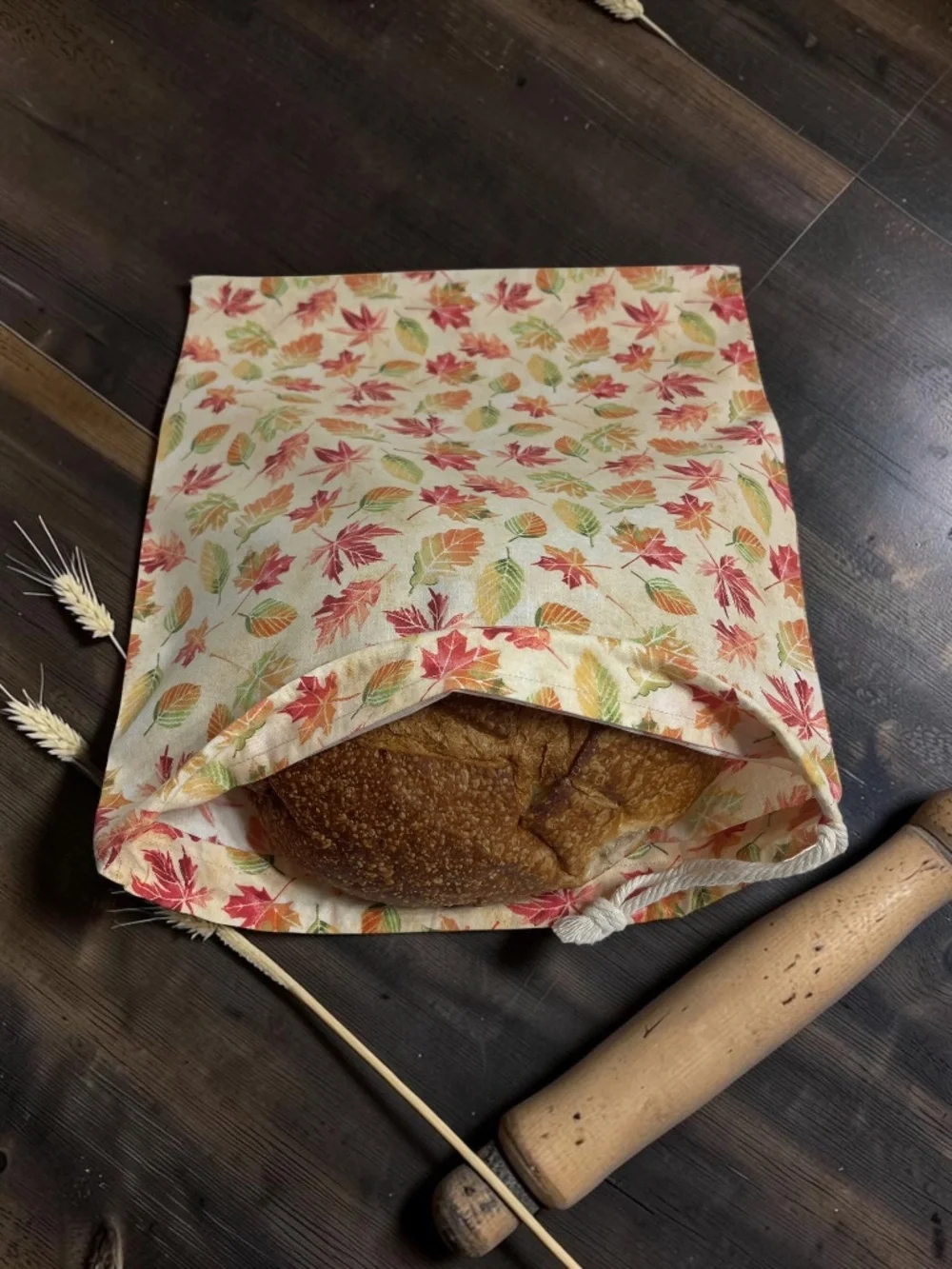 Fall Leaves Cotton Bread Bag with Matching Mason Jar Bonnet & Tea Towel